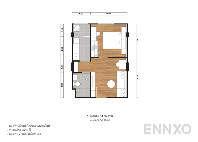 รูปแปลนห้อง Tower A1, A2, B1, B2 : 34.00 SQ.M. ของโครงการ ลุมพินี คอนโดทาวน์ เอกชัย 48 (เฟส 1)