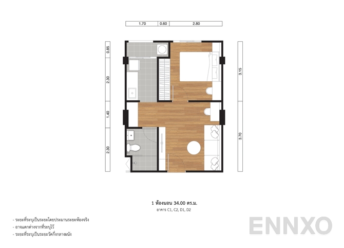 รูปแปลนห้อง Tower C1, C2, D1, D2 : 34.00 SQ.M. ของโครงการ ลุมพินี คอนโดทาวน์ เอกชัย 48 (เฟส 1)