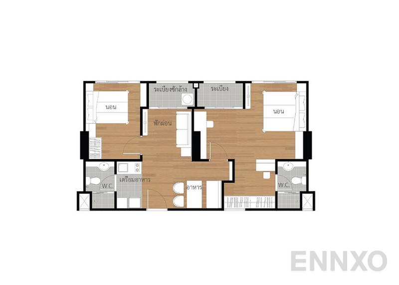 รูปแปลนห้อง 2 Bedroom ของโครงการ ลุมพินี พาร์ค พระราม 9 - รัชดา