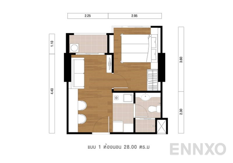 รูปแปลนห้อง 1 Bedroom  ของโครงการ ลุมพินี พาร์ค ริเวอร์ไซด์ พระราม 3