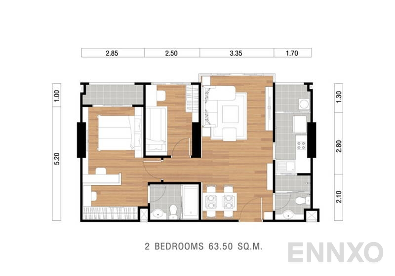 รูปแปลนห้อง 2 Bedroom ของโครงการ ลุมพินี พาร์ค ริเวอร์ไซด์ พระราม 3