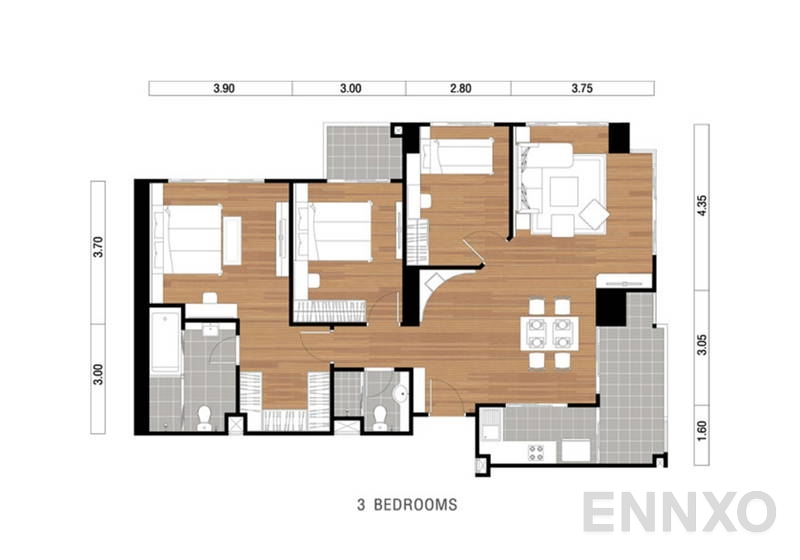 รูปแปลนห้อง 3 Bedroom ของโครงการ ลุมพินี พาร์ค ริเวอร์ไซด์ พระราม 3