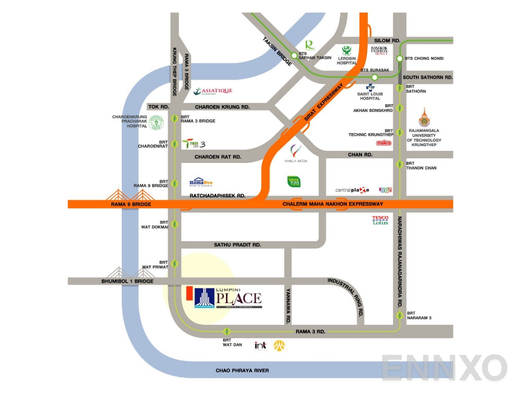 ภาพแผนที่แสดงที่ตั้งโครงการ Lumpini Place Rama 3 - Riverine
(ลุมพินี เพลส พระราม 3-ริเวอร์ไรน์) และสถานที่โดยรอบ