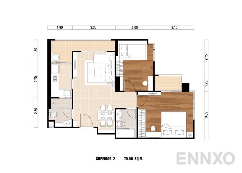 รูปแปลนห้อง 2 Bedroom ของโครงการ ลุมพินี เพลส พระราม 9-รัชดา