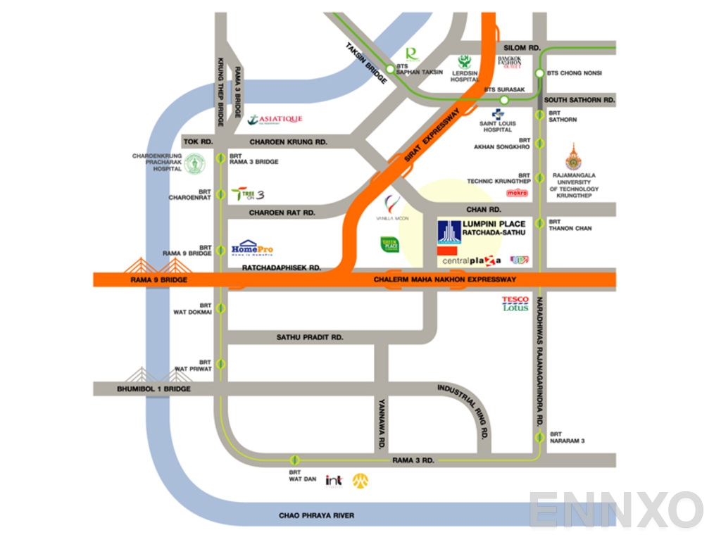 ภาพแผนที่แสดงที่ตั้งโครงการ Lumpini Place Ratchada-Sathu
(ลุมพินี เพลส รัชดา - สาธุ) และสถานที่โดยรอบ