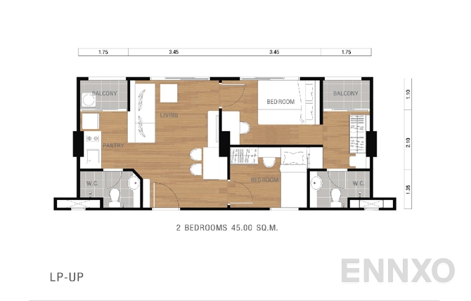 รูปแปลนห้อง 45.00 SQ.M. (Left Door) (Include 2 units with the size 22.50 sq.m.) ของโครงการ ลุมพินี เพลส ยูดี - โพศรี