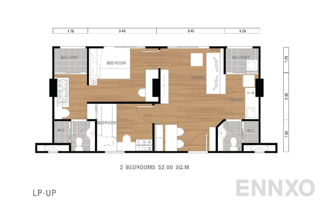 รูปแปลนห้อง 45.00 SQ.M. (Right Door) (Include 2 units with the size 26.00 sq.m.) ของโครงการ ลุมพินี เพลส ยูดี - โพศรี