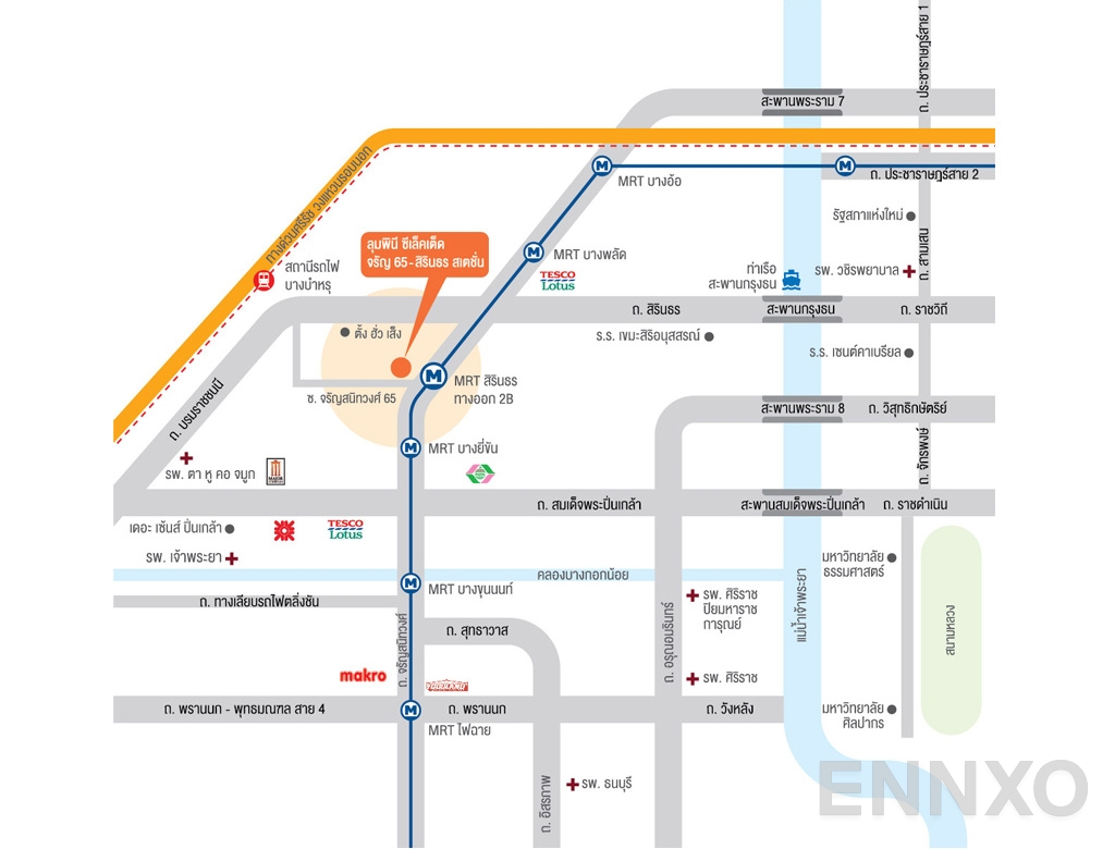 ภาพแผนที่แสดงที่ตั้งโครงการ Lumpini Selected Charan 65 - Sirindhorn Station
(ลุมพินี ซีเล็คเต็ด จรัญ 65 - สิรินธร สเตชั่น) และสถานที่โดยรอบ