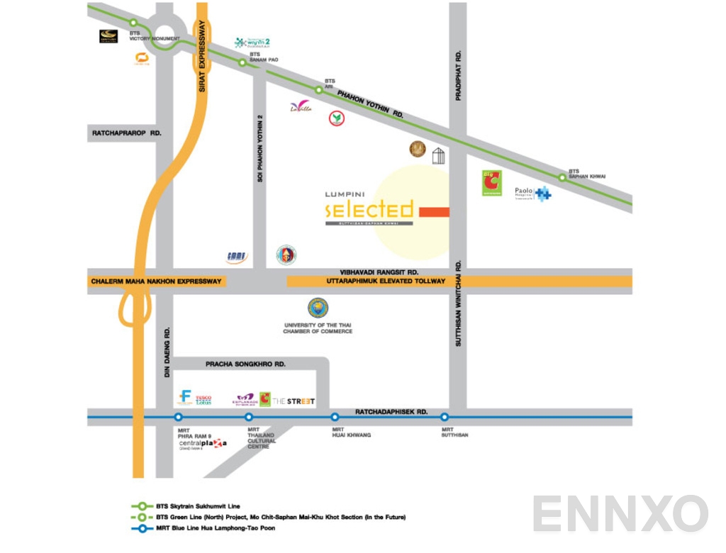 ภาพแผนที่แสดงที่ตั้งโครงการ ลุมพินี ซีเล็คเต็ด สุทธิสาร-สะพานควาย และสถานที่โดยรอบ