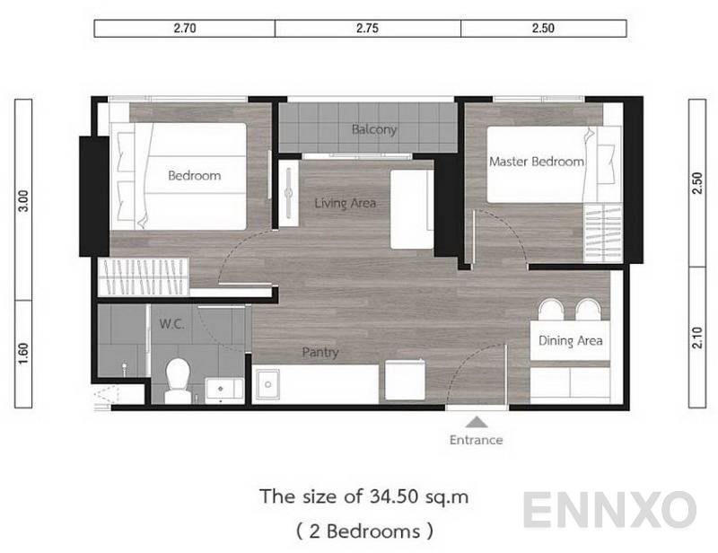 รูปแปลนห้อง 2 Bedroom ของโครงการ Lumpini Suite Phetchaburi - Makkasan