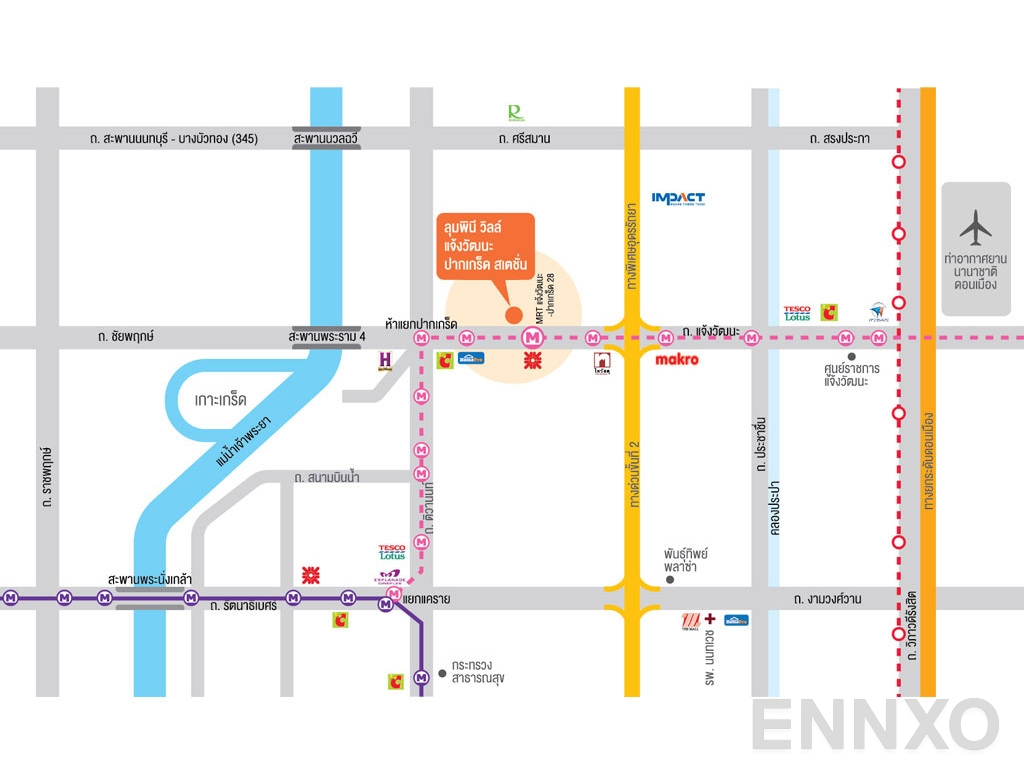 ภาพแผนที่แสดงที่ตั้งโครงการ Lumpini Ville Chaengwatthana - Pakkret
(ลุมพินี วิลล์ แจ้งวัฒนะ - ปากเกร็ด) และสถานที่โดยรอบ