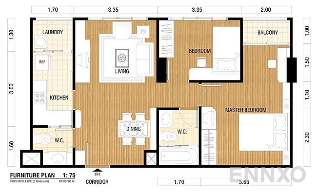 รูปแปลนห้อง 2 Bedroom ของโครงการ Lumpini Ville Cultural Center