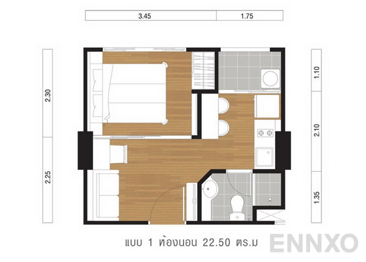 รูปแปลนห้อง 1 Bedroom ของโครงการ Lumpini Ville Lasalle - Barring