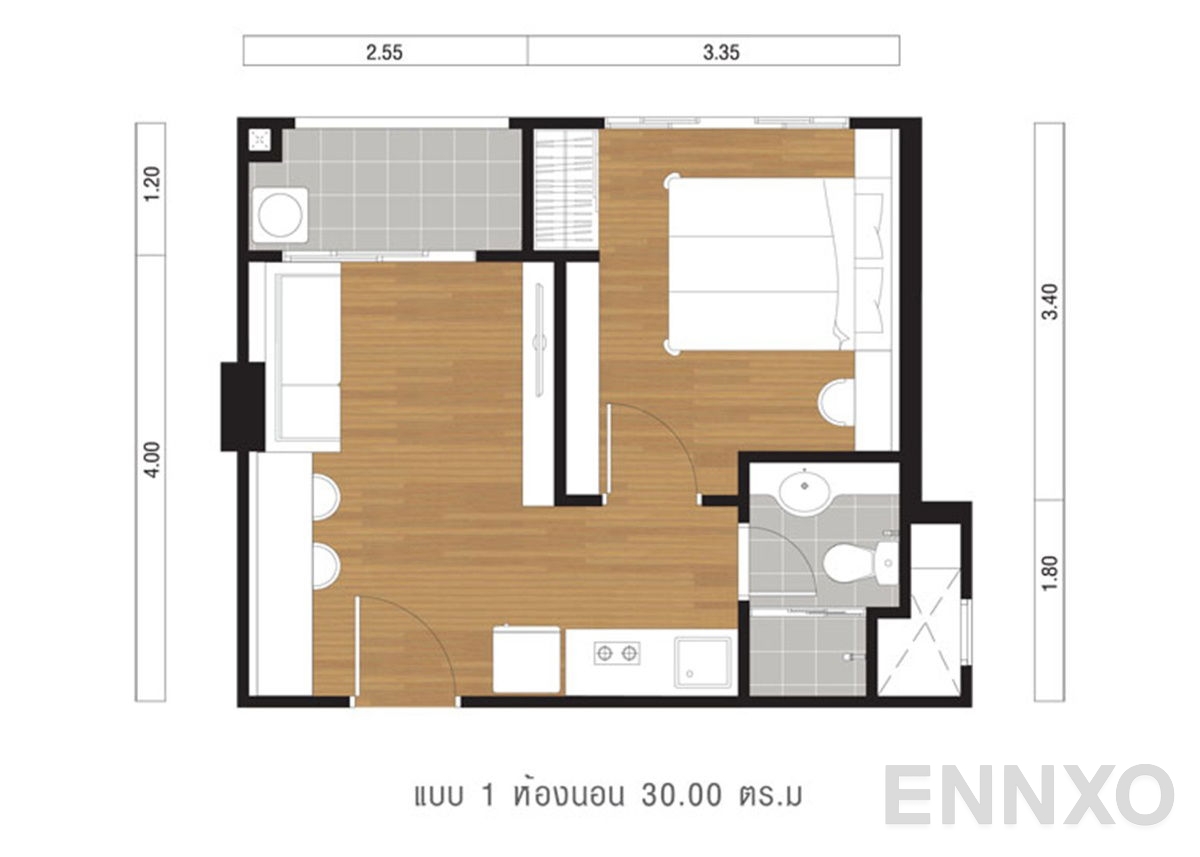 รูปแปลนห้อง 1 Bedroom ของโครงการ Lumpini Ville Lasalle - Barring