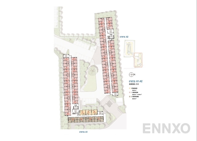 แปลนชั้น 2nd - 8th floor Building A1, A2 ของโครงการ Lumpini Ville Pranangklao - Riverview