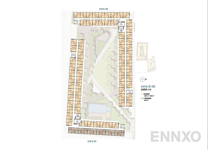 แปลนชั้น 2nd - 8th floor Building B1, B2 ของโครงการ Lumpini Ville Pranangklao - Riverview