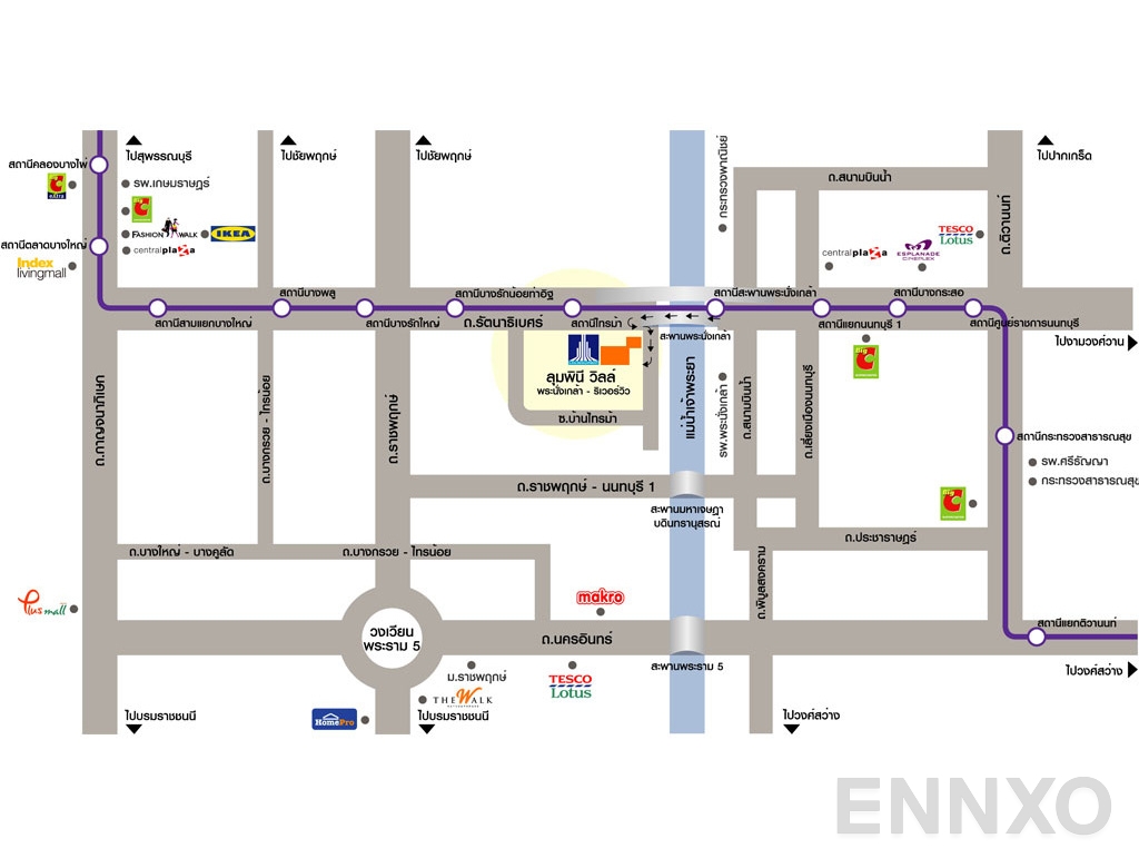 ภาพแผนที่แสดงที่ตั้งโครงการ Lumpini Ville Pranangklao - Riverview และสถานที่โดยรอบ