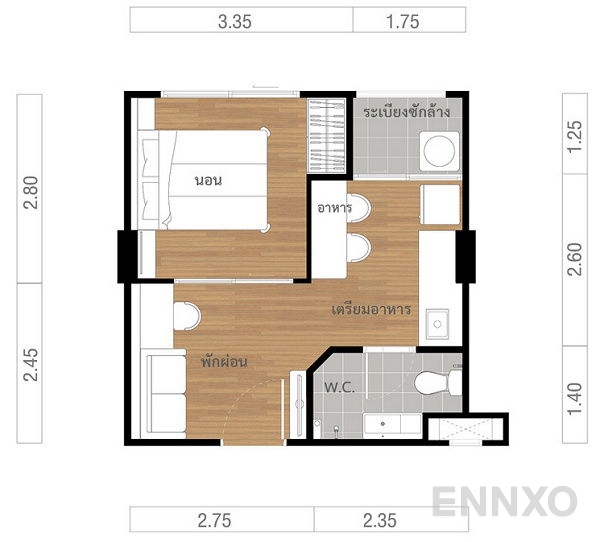 รูปแปลนห้อง 1 Bedroom ของโครงการ ลุมพินี วิลล์ สุขุมวิท 76 - แบริ่ง สเตชั่น