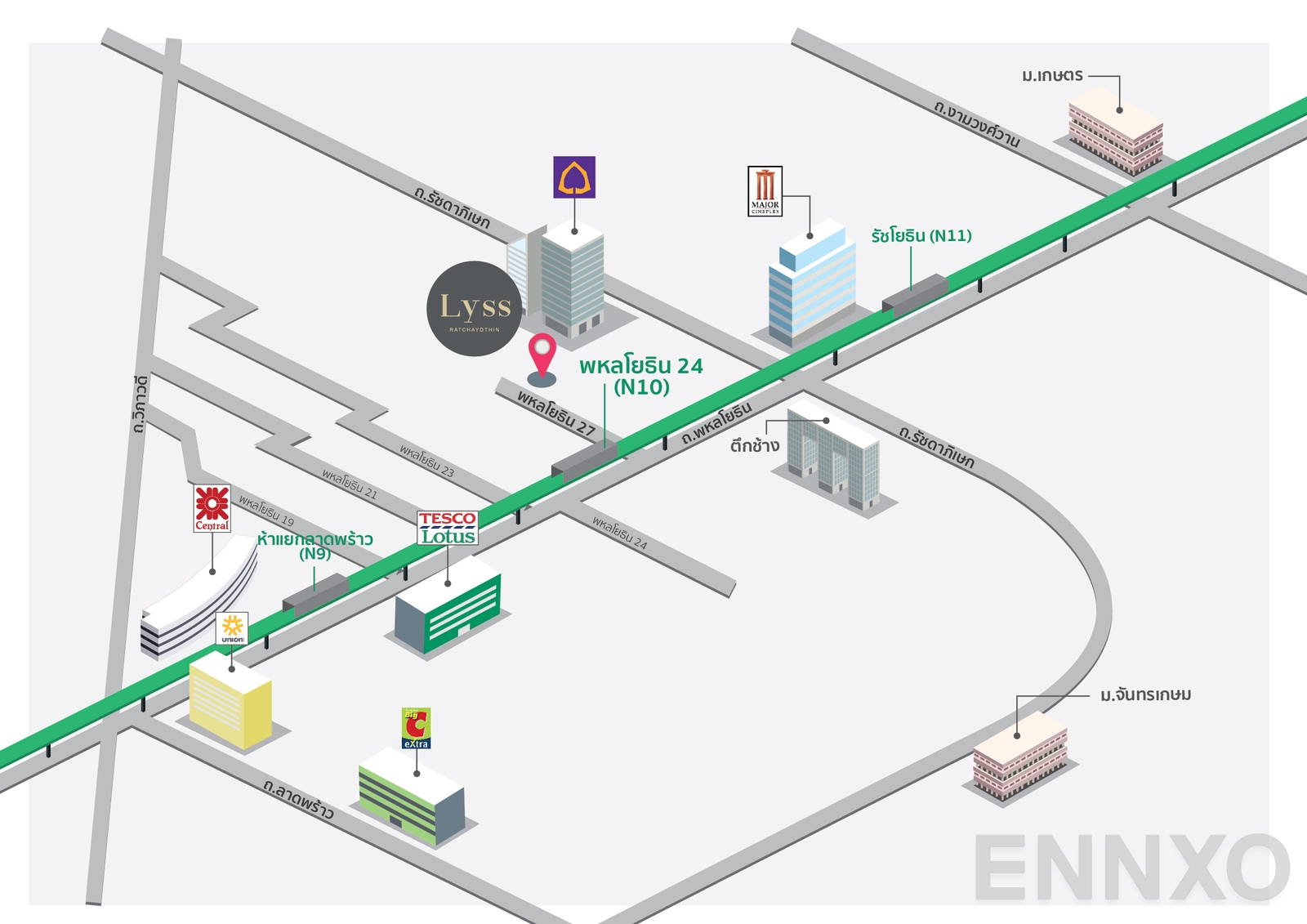 ภาพแผนที่แสดงที่ตั้งโครงการ LYSS Condominium Ratchayothin
(ลิสส์ คอนโดมิเนียม รัชโยธิน) และสถานที่โดยรอบ