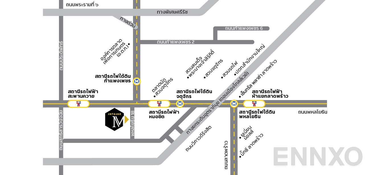 ภาพแผนที่แสดงที่ตั้งโครงการ เอ็ม จตุจักร และสถานที่โดยรอบ