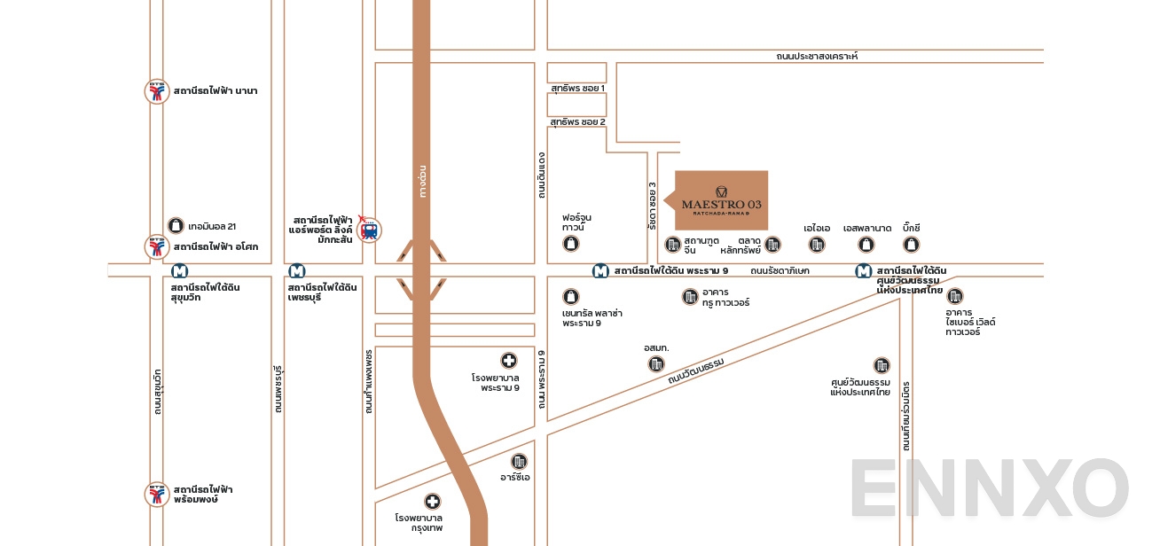 ภาพแผนที่แสดงที่ตั้งโครงการ Maestro 03 Ratchada - Rama 9
(มาเอสโตร 03 รัชดา-พระราม 9) และสถานที่โดยรอบ