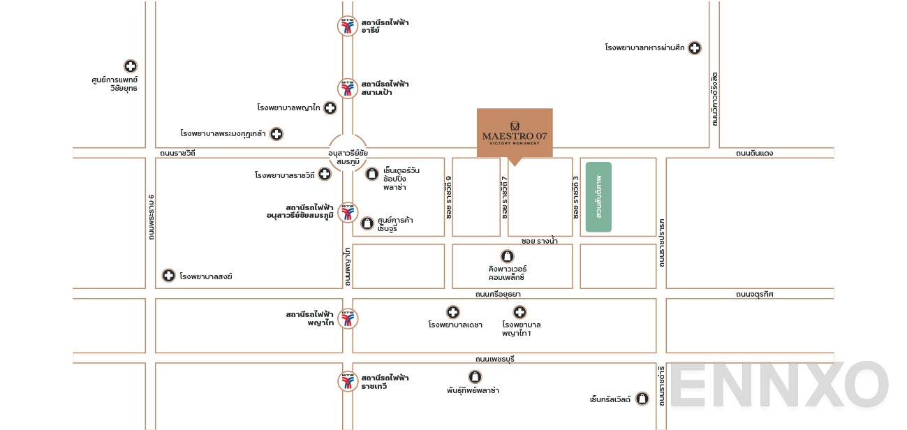 ภาพแผนที่แสดงที่ตั้งโครงการ Maestro 07 Victory Monument
(มาเอสโตร 07 อนุสาวรีย์ชัย) และสถานที่โดยรอบ