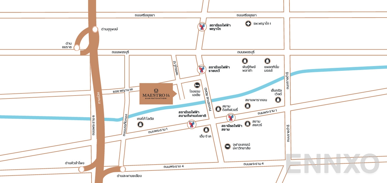 ภาพแผนที่แสดงที่ตั้งโครงการ Maestro 14 Siam - Ratchathewi และสถานที่โดยรอบ