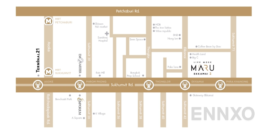 ภาพแผนที่แสดงที่ตั้งโครงการ มารุ เอกมัย 2 และสถานที่โดยรอบ
