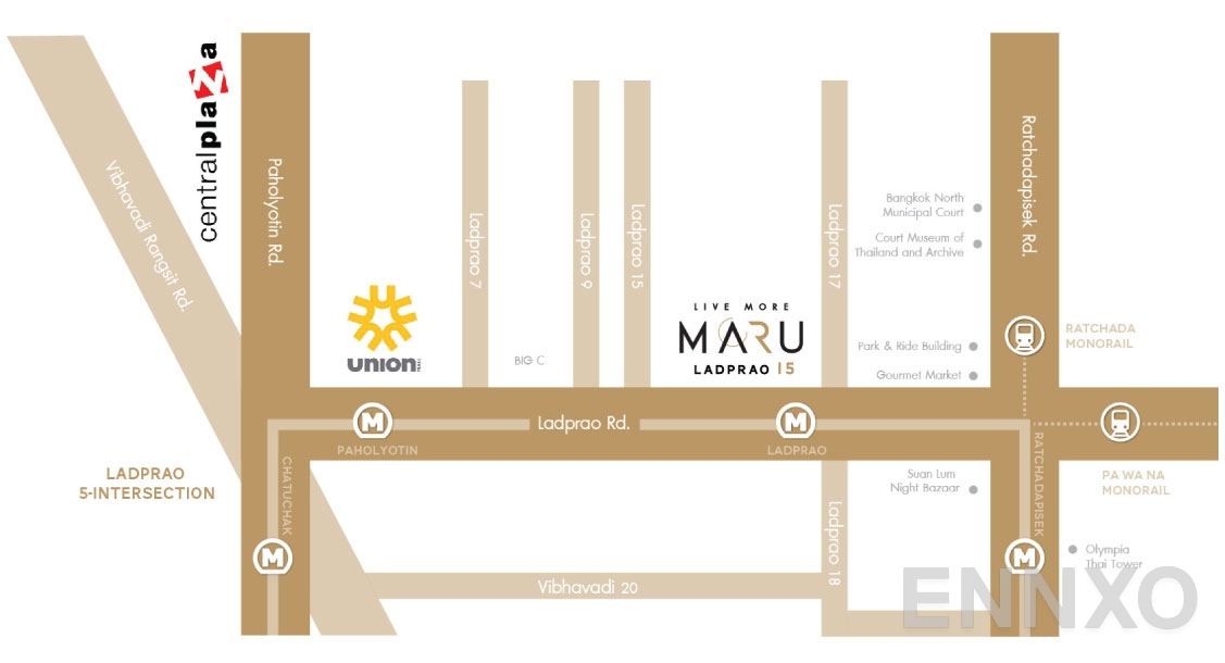 ภาพแผนที่แสดงที่ตั้งโครงการ Maru Ladprao 15
(มารุ ลาดพร้าว 15) และสถานที่โดยรอบ