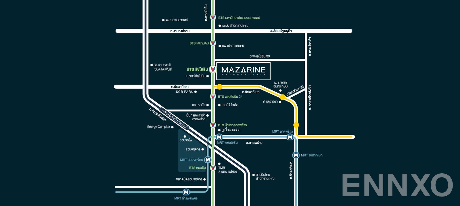 ภาพแผนที่แสดงที่ตั้งโครงการ Mazarine Ratchayothin และสถานที่โดยรอบ