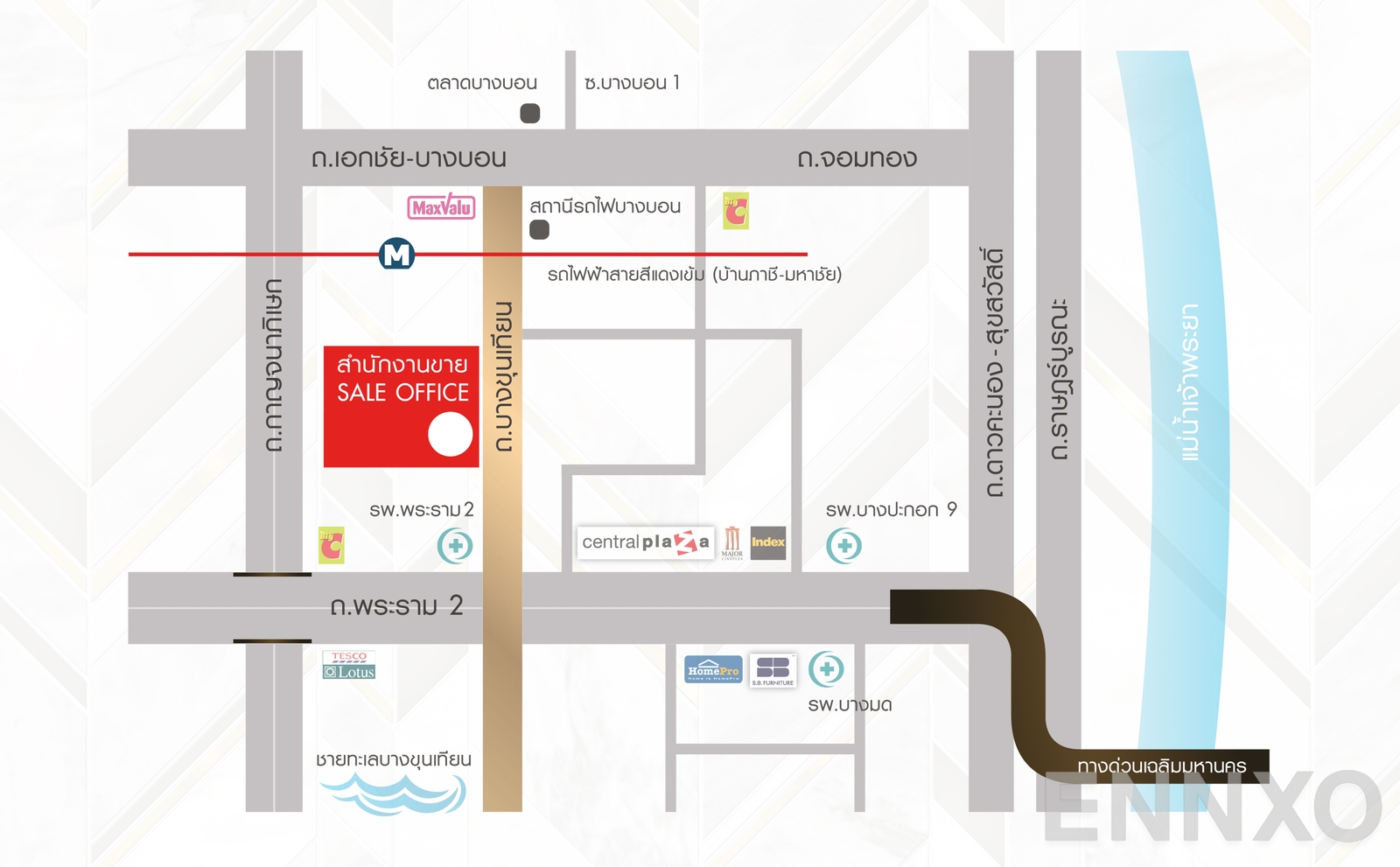 ภาพแผนที่แสดงที่ตั้งโครงการ Modern Condo The Forest RAMA 2
(โมเดิร์น คอนโด เดอะ ฟอเรสท์ พระราม 2 - เอกชัย) และสถานที่โดยรอบ