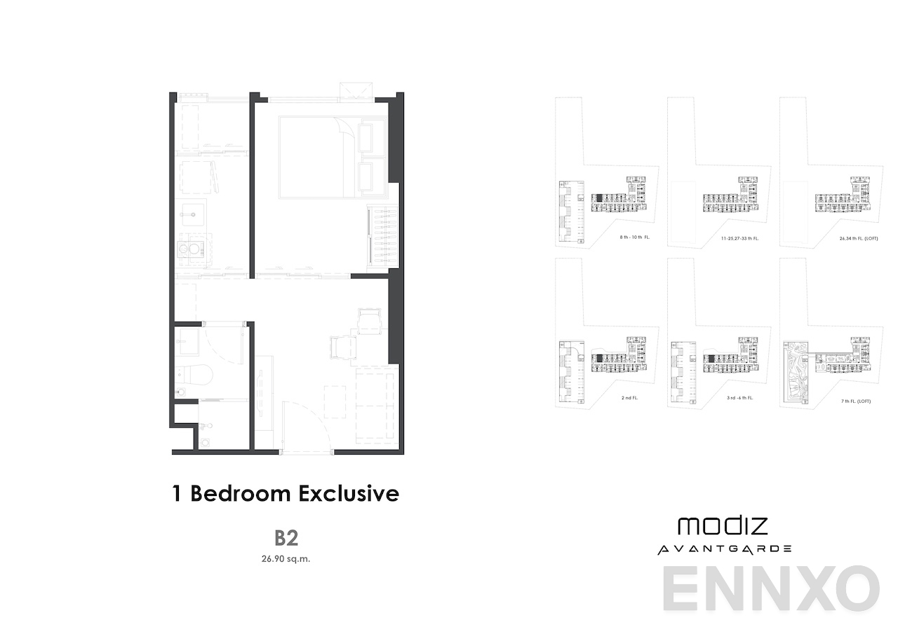 รูปแปลนห้อง B1-01s - 26.40 sq.m. ของโครงการ Modiz Avantgarde
