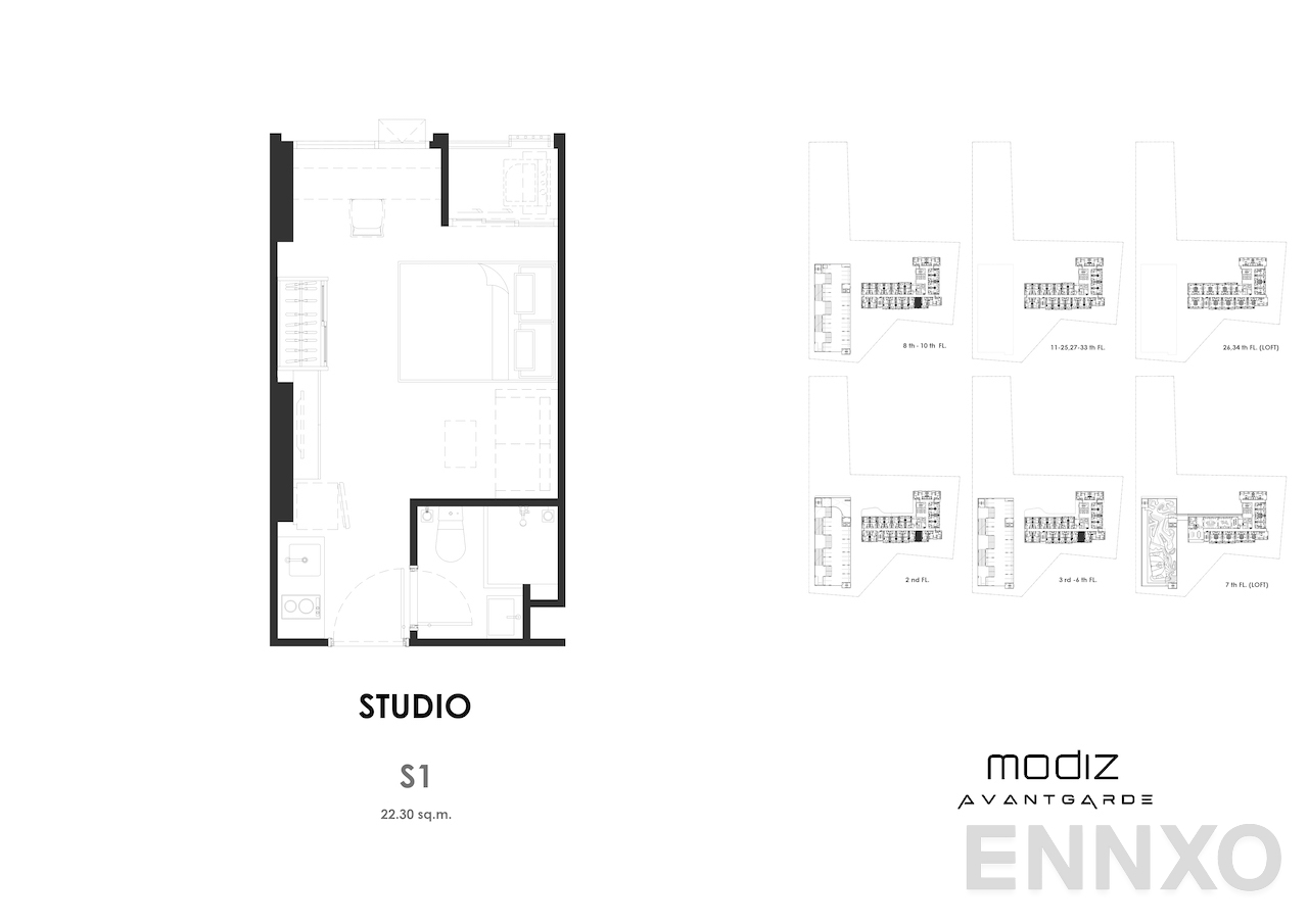 รูปแปลนห้อง V2-01m - 34.90 sq.m. ของโครงการ Modiz Avantgarde