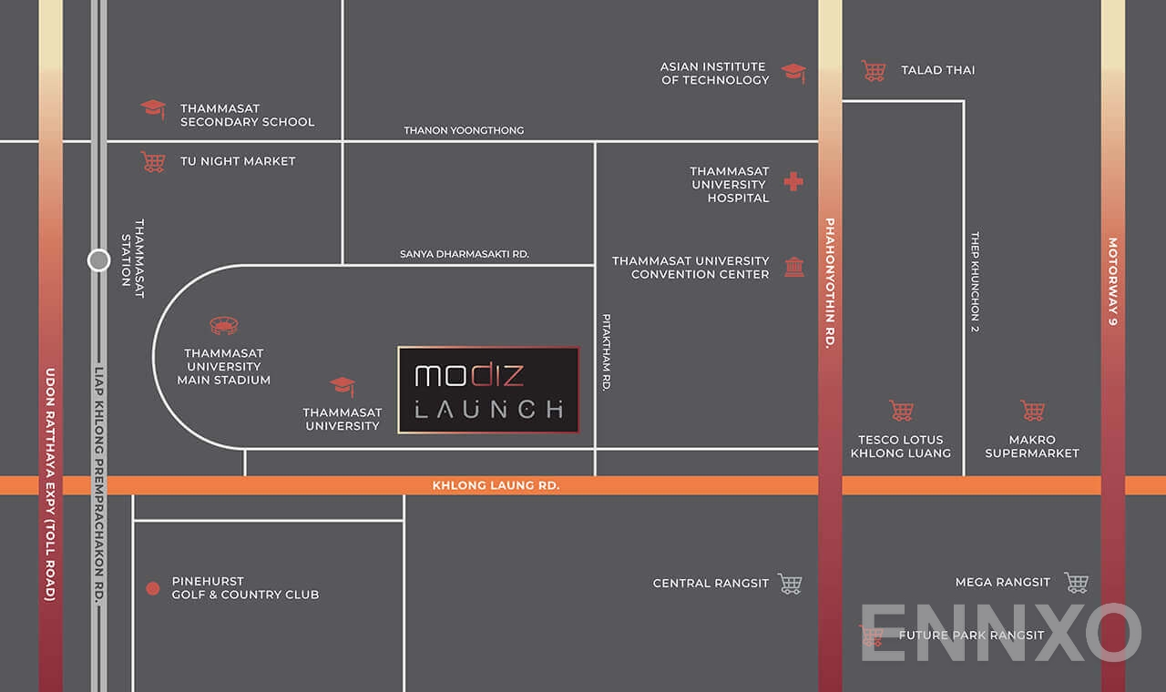 ภาพแผนที่แสดงที่ตั้งโครงการ Modiz Launch
(โมดิซ ลอนช์) และสถานที่โดยรอบ