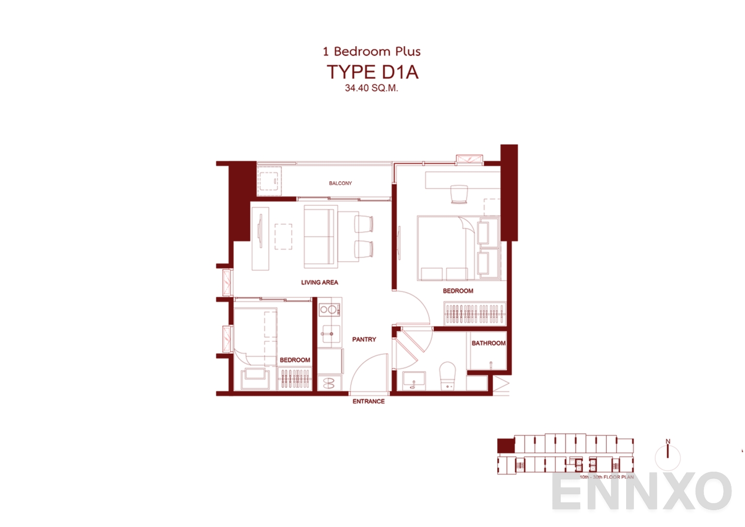 รูปแปลนห้อง D1A 34.40 SQ.M. ของโครงการ โมดิซ ลอนช์