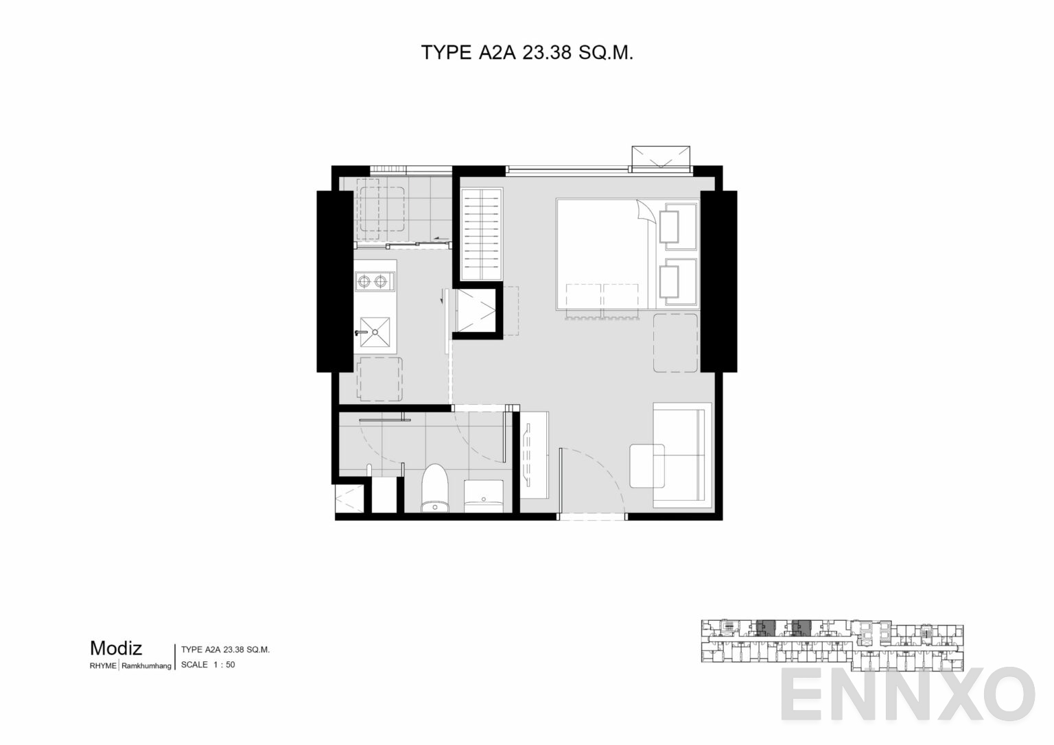 รูปแปลนห้อง A2A 23.38 SQ.M. ของโครงการ โมดิซ ไรห์ม รามคำแหง