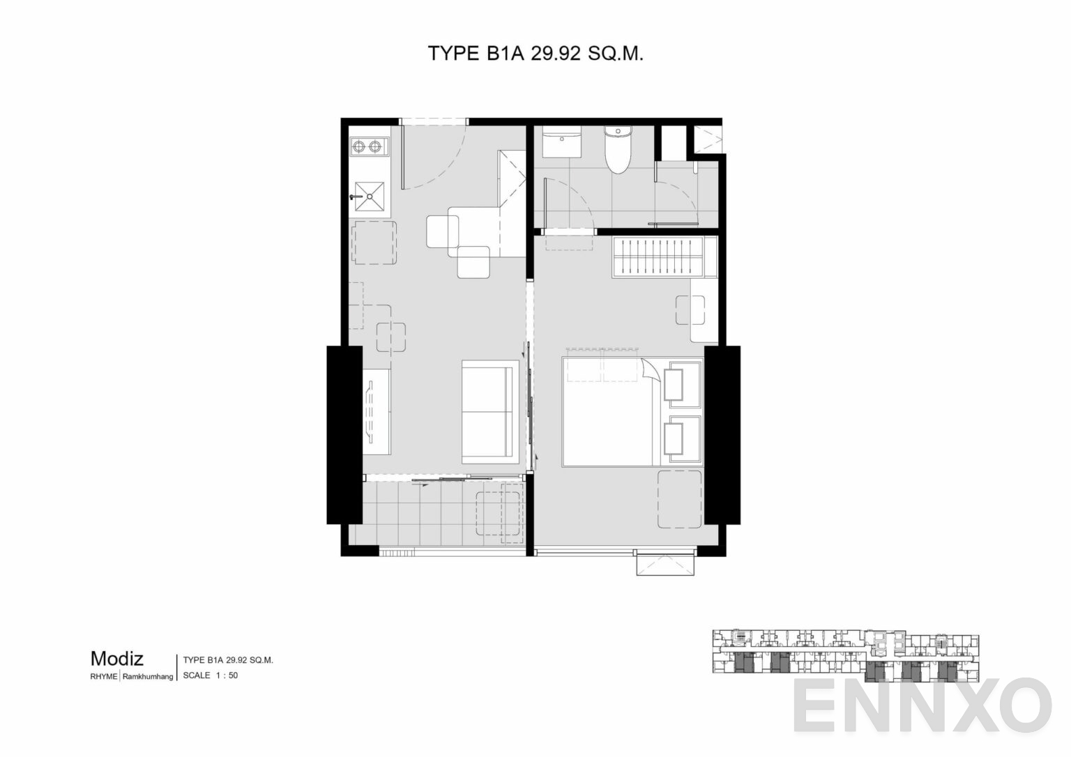 รูปแปลนห้อง B1A 29.92 SQ.M. ของโครงการ โมดิซ ไรห์ม รามคำแหง