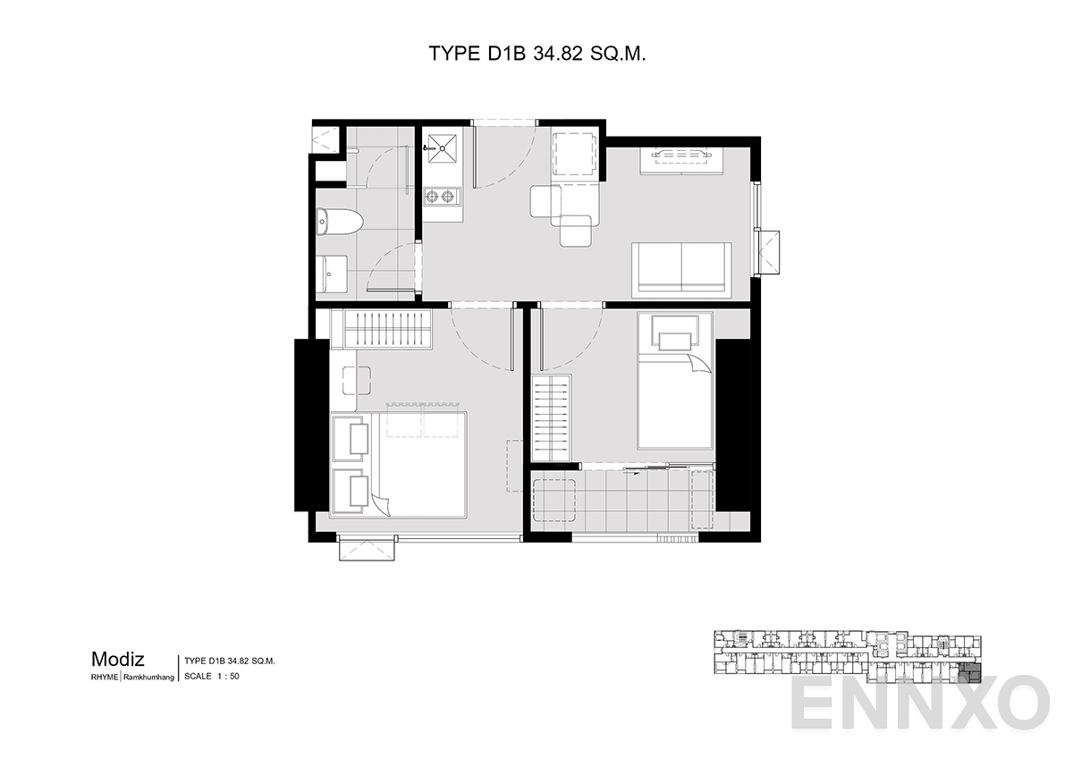 รูปแปลนห้อง D1B 34.82 SQ.M. ของโครงการ โมดิซ ไรห์ม รามคำแหง
