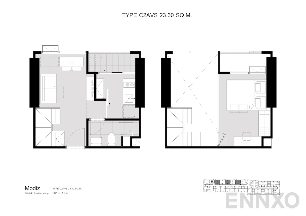 รูปแปลนห้อง C2AVS 23.30 SQ.M. ของโครงการ โมดิซ ไรห์ม รามคำแหง