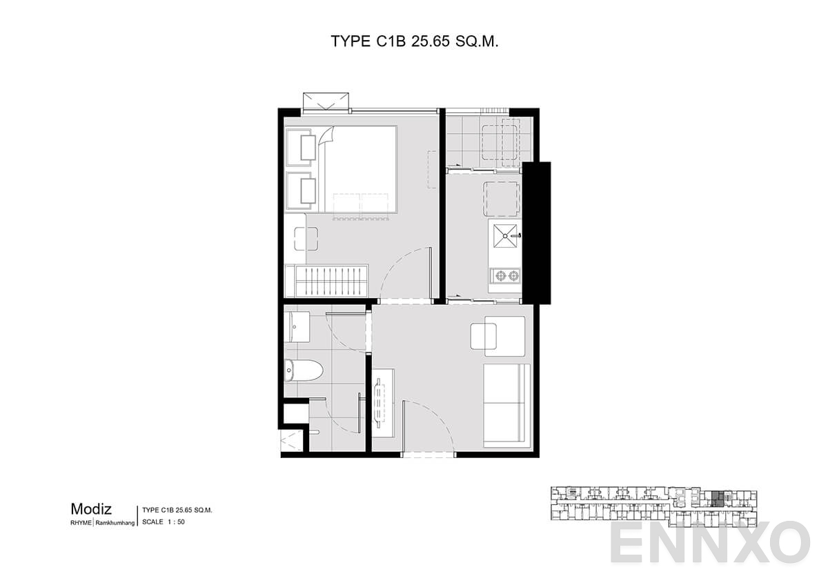 รูปแปลนห้อง C1B 25.65 SQ.M. ของโครงการ โมดิซ ไรห์ม รามคำแหง