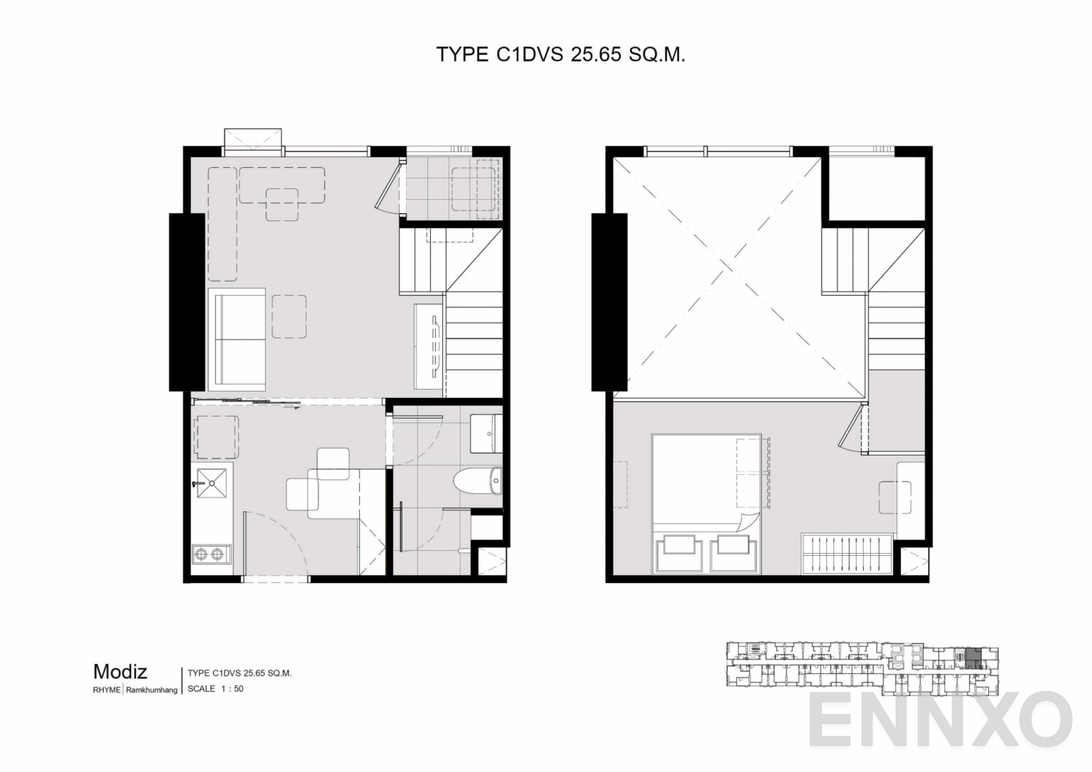 รูปแปลนห้อง C1DVS 25.65 SQ.M. ของโครงการ โมดิซ ไรห์ม รามคำแหง