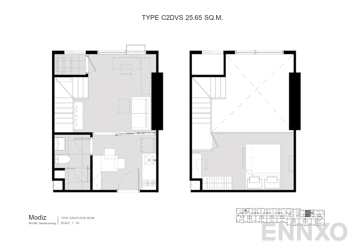 รูปแปลนห้อง C2DVS 25.65 SQ.M. ของโครงการ โมดิซ ไรห์ม รามคำแหง