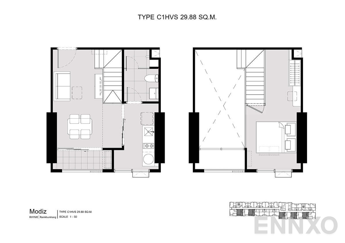 รูปแปลนห้อง C1HVS 29.88 SQ.M. ของโครงการ โมดิซ ไรห์ม รามคำแหง