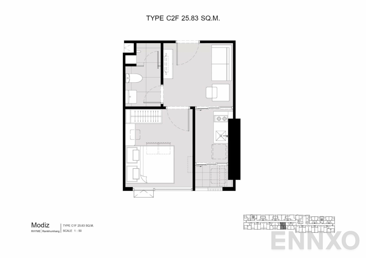 รูปแปลนห้อง C2F 25.83 SQ.M. ของโครงการ โมดิซ ไรห์ม รามคำแหง