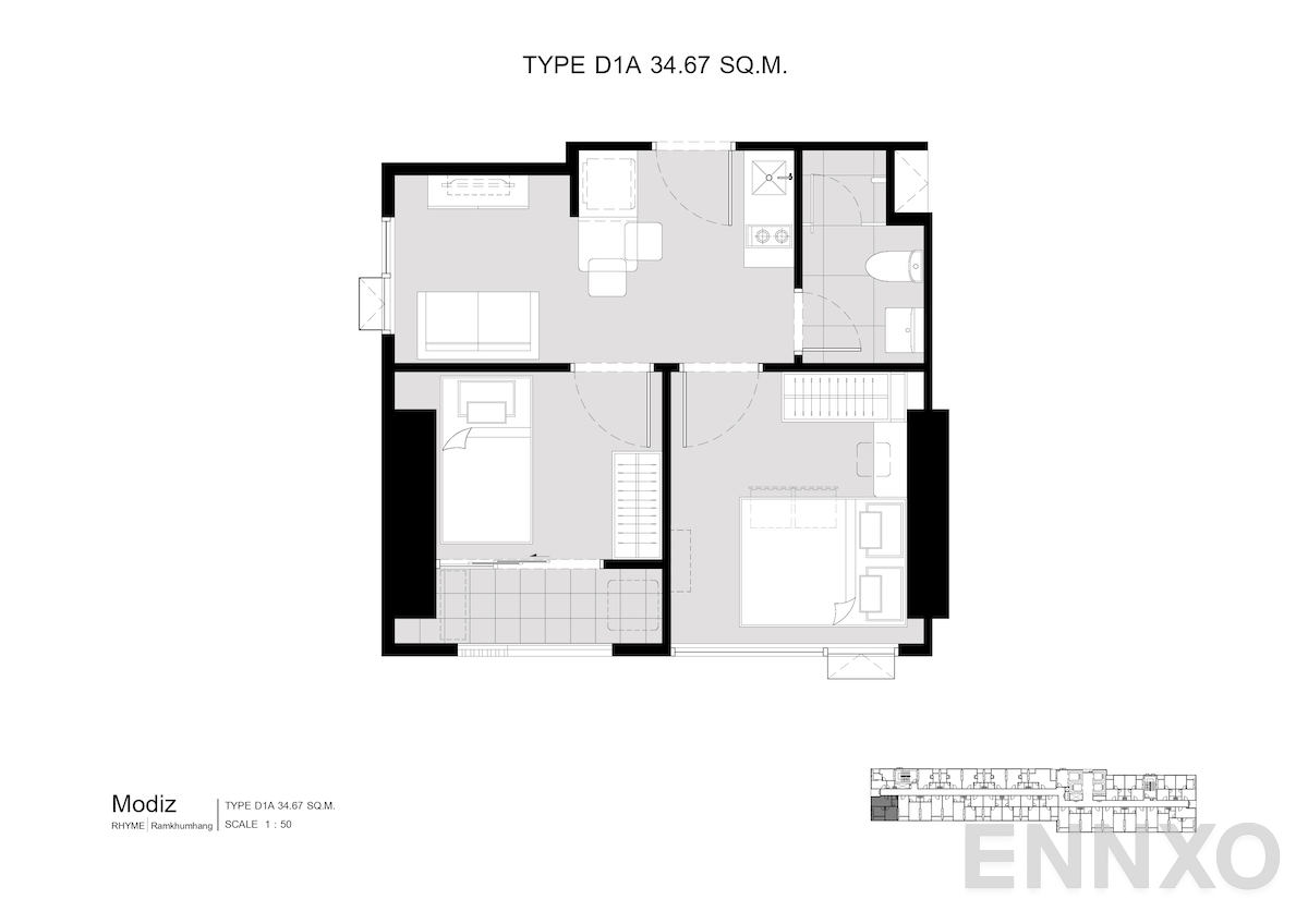 รูปแปลนห้อง D1A 34.67 SQ.M. ของโครงการ โมดิซ ไรห์ม รามคำแหง