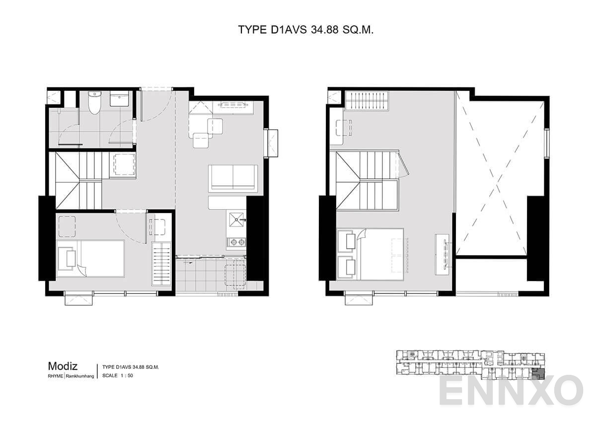 รูปแปลนห้อง D1AVS 34.88 SQ.M. ของโครงการ โมดิซ ไรห์ม รามคำแหง