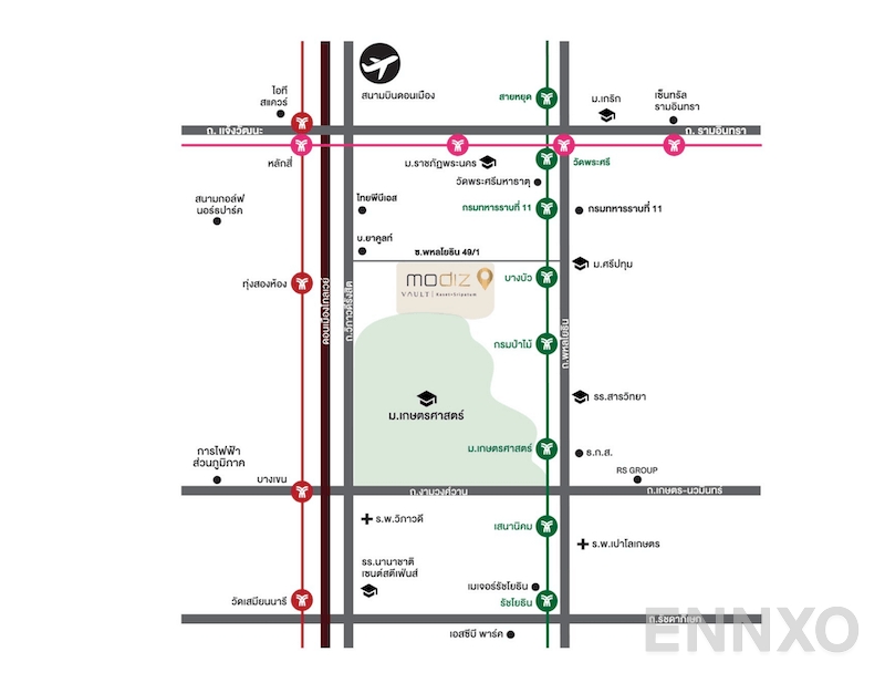 ภาพแผนที่แสดงที่ตั้งโครงการ MODIZ VAULT Kaset - Sripatum และสถานที่โดยรอบ