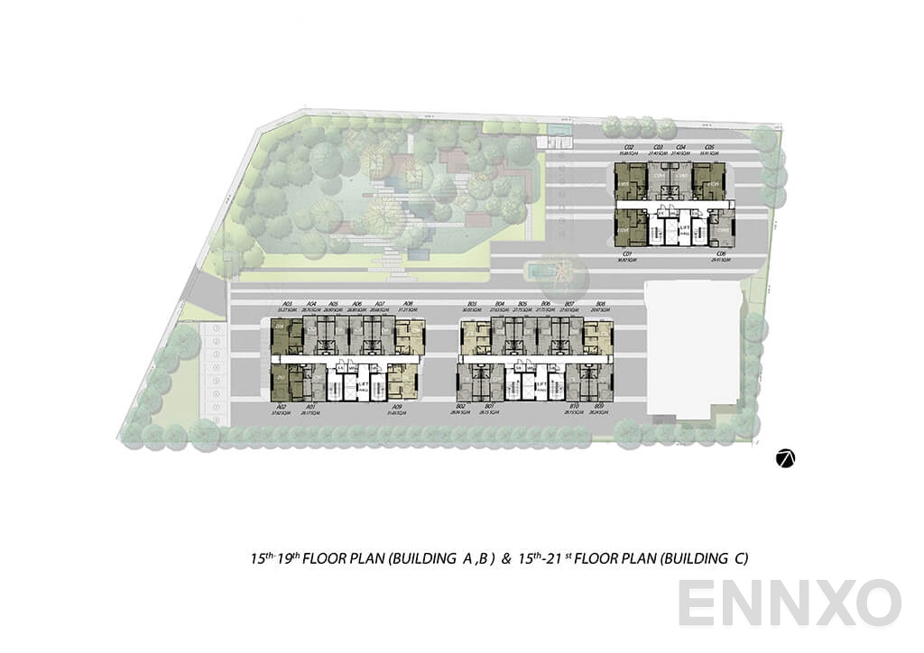แปลนชั้น 15th - 19th (Building A,B) 15th-21st (Building C) Floor Plan ของโครงการ โมดิซ สุขุมวิท 50