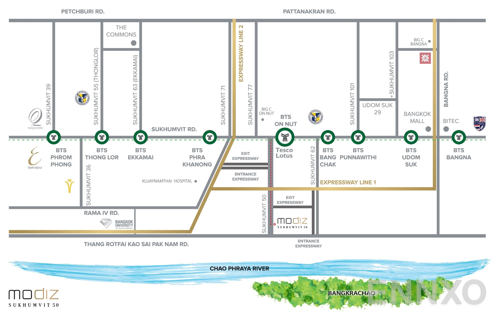 ภาพแผนที่แสดงที่ตั้งโครงการ Modiz สุขุมวิท 50
(โมดิซ สุขุมวิท 50) และสถานที่โดยรอบ