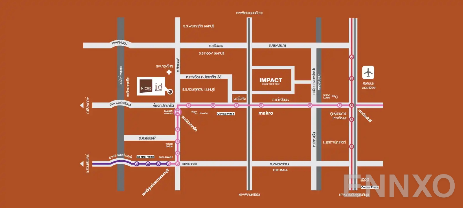 ภาพแผนที่แสดงที่ตั้งโครงการ Niche id @ Pakkret Station
(นิช ไอดี แอท ปากเกร็ด สเตชั่น) และสถานที่โดยรอบ